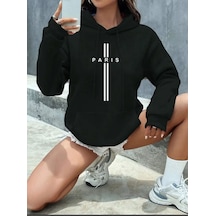 Medinenur Paris Dikey Kapüşonlu Cepli Sweatshirt Siyah