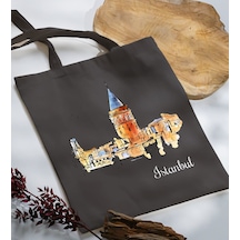 Bk Gift İstanbul Tasarımlı-3 Antrasit Kumaş Bez Çanta, Baskılı Omuz Çantası, Alışveriş Çantası, Anneye Hediye Sarı