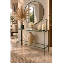 Teknor Şeffaf Camlı Yeşil Metal Konsol 100 Cm Modern Salon Dresuarı