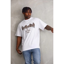 Genel Markalar Baskılı Oversize T-shirt - Beyaz - Çok Renkli