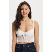 Tudors Kadın Slim Fit Dar Kesim İnce Askılı Dantel Detaylı Beyaz Crop-50312