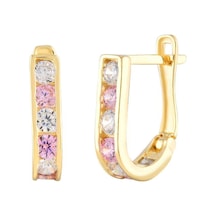 Moom Mücevherat Kadın 14 Ayar Altın Küpe Minimalist Zirkon Taşlı Pembe Modern Altın Küpe 13 mm-MM200129