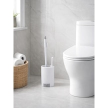 Modern Çizgili Tuvalet Fırçası Ve Standı Kapalı Hazneli, Şık Wc Fırçası Seti Vıchy-7039 Gümüş