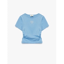 Koton Bisiklet Yaka Slim Fit Kalpli Taşlı Büzgü Detaylı Pamuklu Kısa Kollu Crop Bluz Mavi 6skg60007ak Mavi