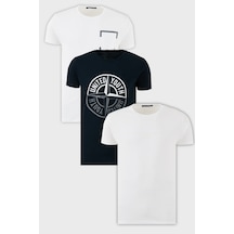 Buratti Pamuklu Slim Fit Bisiklet Yaka Baskılı 3'Lü Paket Erkek T Shirt 541S31 Lacivert-Beyaz-Beyaz