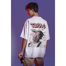 Tupac Rapper Sırt Baskılı Unisex Oversize Şarkıcı Tişört Beyaz