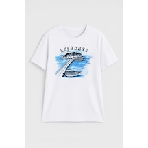 Kadın Bisiklet Yaka %100 Pamuk Mavi Kuşadası Baskılı Kısa Kollu T-shirt