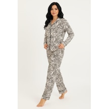 Bravie Luxury Viscose Siyah Beyaz Dalmaçya Desenli Kadın Uzun Kollu Büyük Beden Pijama Takımı 42533 LEOPAR