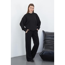 Penyebizden Kadın Pamuk 3 İplik Şardonsuz Oversize Sweatshirt & Geniş Paça Eşofman Altı Takım-siyah