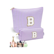 2 Parçalı Büyük Çizgili İlk Harfli Makyaj Çantası Seti - Şık Seyahat Tuvalet Çantası Ve Makyaj Düzenleyici, Makyaj Fırçaları İçin Sevimli Estetik Saklama Alanı, Kişiselleştirilmiş Hediyeler, Kadınlar İçin Kozmetik Çantası Mor B Mor-b