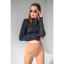 Siyah Bilek Detaylı Fermuarlı Crop Bluz Siyah