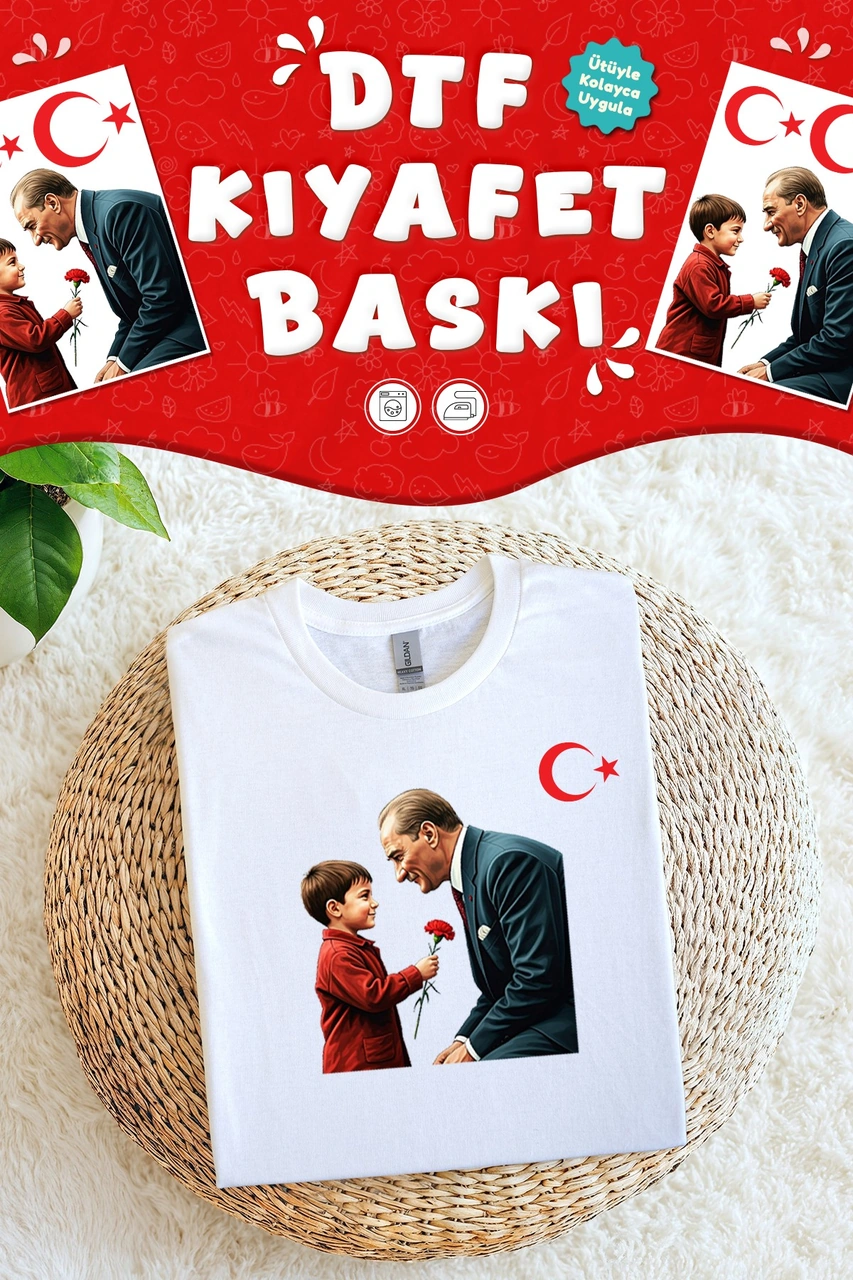 Atatürk Ve Çocuk 29 Ekim Tshirt Kumaşa Baskı Yapılabilen Özel Tasarım Ütü Ile Yapışan Tekstil Dtf Çok Renkli