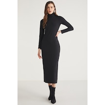 Ethıquet Katja Kadın Vücudu Tamamen Saran Slim Fit Dar Kesim Dik Yaka Midi Boy Siyah Elbise