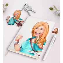 Kişiye Özel Kadın Karikatürlü Beyaz Defter Kalem Ve Anahtarlık He N11.1295