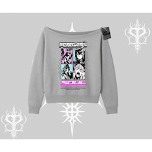 Kayık Yaka Sweatshirt Fearless Soul Anime Kolaj Baskılı Gri