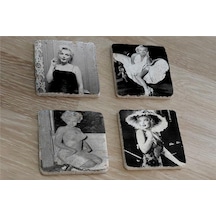 Siyah Beyaz Marilyn Monroe Fotoğrafları Doğal Taş Bardak Altlığı 4'lü Set - Natural Stone Coasters - Taş Beyaz - Siyah