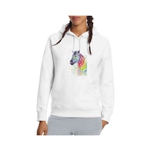 Zebra Renk Sıçrama Baskılı Beyaz Kadın Kapşonlu Sweatshirt