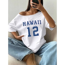 Startmore Startmore Kayık Yaka Hawaii Baskılı Oversize %100 Pamuk Beyaz