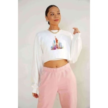 Watercolor Statue Of Liberty Baskılı Crop Kadın Beyaz Sweatshirt