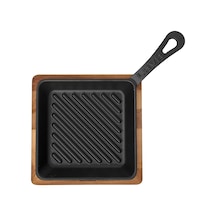 Lava Döküm Mini Izgara Tava. Saplı. Kare. Ahşap Altlıklı.