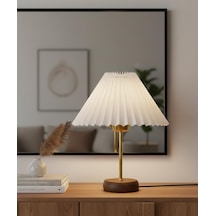 Decodelight Bambu Tabanlı Modern Gold Metal Ayaklı 22'lik Pileli Beyaz Kumaş Şapkalı Mini Abajur Masa Lambası Çok Renkli