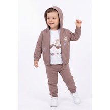 Toontoy Kids Toontoy Erkek Çocuk 3'lü Eşofman Takımı Uzun Kollu Bisiklet Yaka Nakışlı T-shirt - Kapüşonlu Fermuarlı Hırka- Beli Paçası Lastikli Eşofman Altı 25045 Koyu Kahverengi