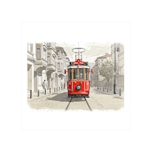 Eski Tarz Kırmızı Tramvay Desenli Ahşap Tablo