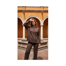 Moda Banuş Kapüşonlu Modal Kumaş Boru Paça Kahverengi Oversize Eşofman Takımı