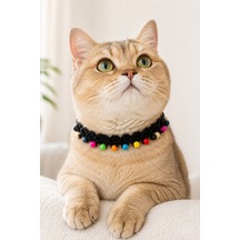 El Örgüsü Kedi Tasması Renkli Boncuklu Siyah El Yapımı Ayarlanabilir Kedi Boyun Aksesuarı