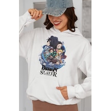 Sevbano Demon Slayer Kimetsu No Yaiba Baskılı Unisex Oversize Anime Hoodi beyaz