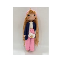 El Yapımı Amigurumi Örgü Bebek 28 Cm Renkli Hırkalı Uzun Saçlı Tığ İşi Oyuncak Bebek Hediyelik Pembe Lacivert