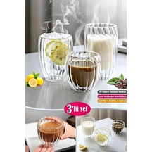 3'lü Çift Cidarlı Burgulu Kristal Cam Bardağı Çay Süt Kahve Kupası Sıcak & Soğuk Retro Bardak Seti
