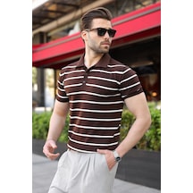 Madmext Acı Kahverengi Çizgili Polo Yaka Triko Erkek T-shirt E7405
