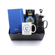 Kişiye Özel Mavi Defter & Harf Kupa & Siyah French Press & Portak