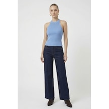 Neden Tekstil Kadın Taşlı Fitilli Halter Yaka Crop Bluz - Mavi