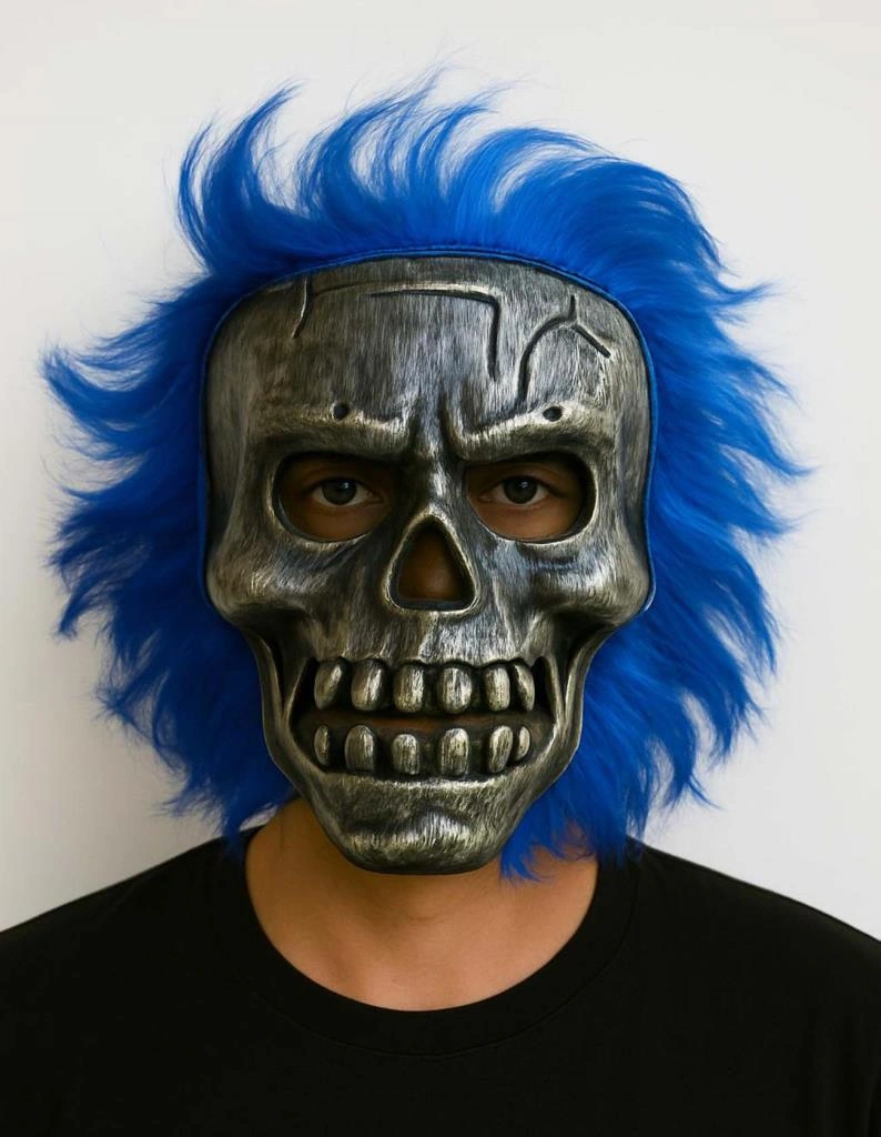 Wild Skull - Gümüş Kafatası Mavi Saçlı İskelet Maske Yetişkin