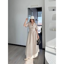 Defymoda Kısa Kollu Uzun Elbise - Kırık Beyaz Kırık Beyaz