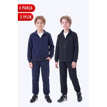 Panios Kids Erkek Çocuk 3 İplik Düz Basic Fermuarlı Dik Yaka Çift Cepli 2'li Eşofman Takımı 4 Parça Lacivert-siyah