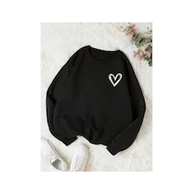Medinenur Mini Kalp Baskılı 2 İplik Şardonlu Bisiklet Yaka Swatshirt Siyah