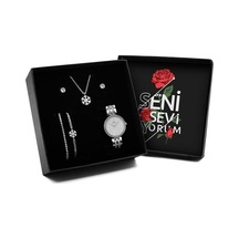 Sevdiklerinize Özel Tasarım Kutu & Gümüş Zirkon Kaplama Kar Tanesi Kolye & 2'li Küpe & 2'li Bileklik & Saat Hediye Seti
