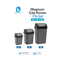 Magnum 3 Lü Sallanır Kapaklı Çöp Kovası Seti 2 L 4 L 8 L Banyo Mutfak Antrasit Siyah