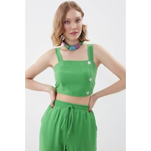 Vitrin Sedef Düğmeli Sırtı Gipeli Crop Bluz YEŞİL