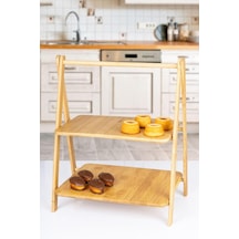 2 Katlı Dikdörtgen Bambu Servis Sunum Seti Büyük Boy, Kuru Pasta, Kurabiye Ve Kek Sunumları İçin Büyük Boy 38cm-30cm-22.5cm Açık Bej