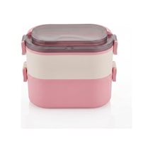 2 Katlı Taşınabilir Yemek Kabı, Lunch Box, Diyet Beslenme Kutusu, Çatal Kaşık Dahil, 11.5 X 21 X 11.5 Cm Pembe-krem Çok Renkli