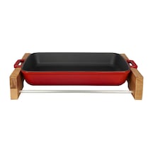 Lava Döküm Dikdörtgen Rosto ve Fırın Tepsisi Kayın Servis Ahşabı Döküm Demir Yekpare Çift Kulplu Ölçü 22x30cm. - Kırmızı
