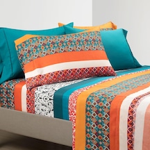 Boho Çizgili Yumuşak Çarşaf 6 Parça Set, Kraliçe, Turkuaz Ve Mandalina Çok Renkli