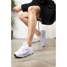 Günlük Kadın Sneaker Spor Ayakkabı Bağcıklı Triko Tırtıklı Kalın Taban Hafif Rahat Esnek Hava Alabilen 300 Beyaz - Siyah