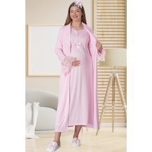 Mecit Pijama Mecit 5417 Pembe Uzun Sabahlıklı Lohusa Gecelik Takımı