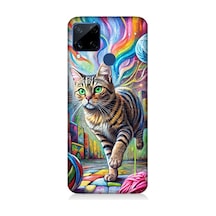 Realme C15 Uyumlu Renkli Yumaklar Ve Kedi Desenli Silikon Kılıf