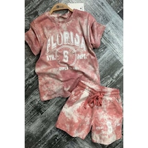 Riccotarz Kız Çocuk Florida Yazı Baskılı Penye T-shirt Pudra Şortlu Takım Pudra
